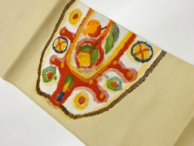 リサイクル　手織り真綿紬花に抽象模様織出し名古屋帯